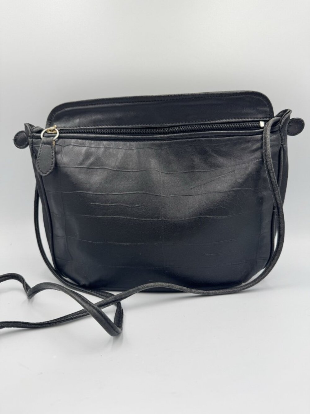 Susan Gail Vintage Black Croc Embossed Leather Crossbody Bag Italy 1980s